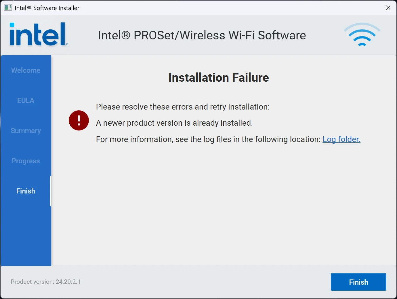 Intel Software Installer for Intel PROSet/Wireless Wi-Fi Software, product version 24.20.2.1, showing Installation Failure: A newer product version is already installed.