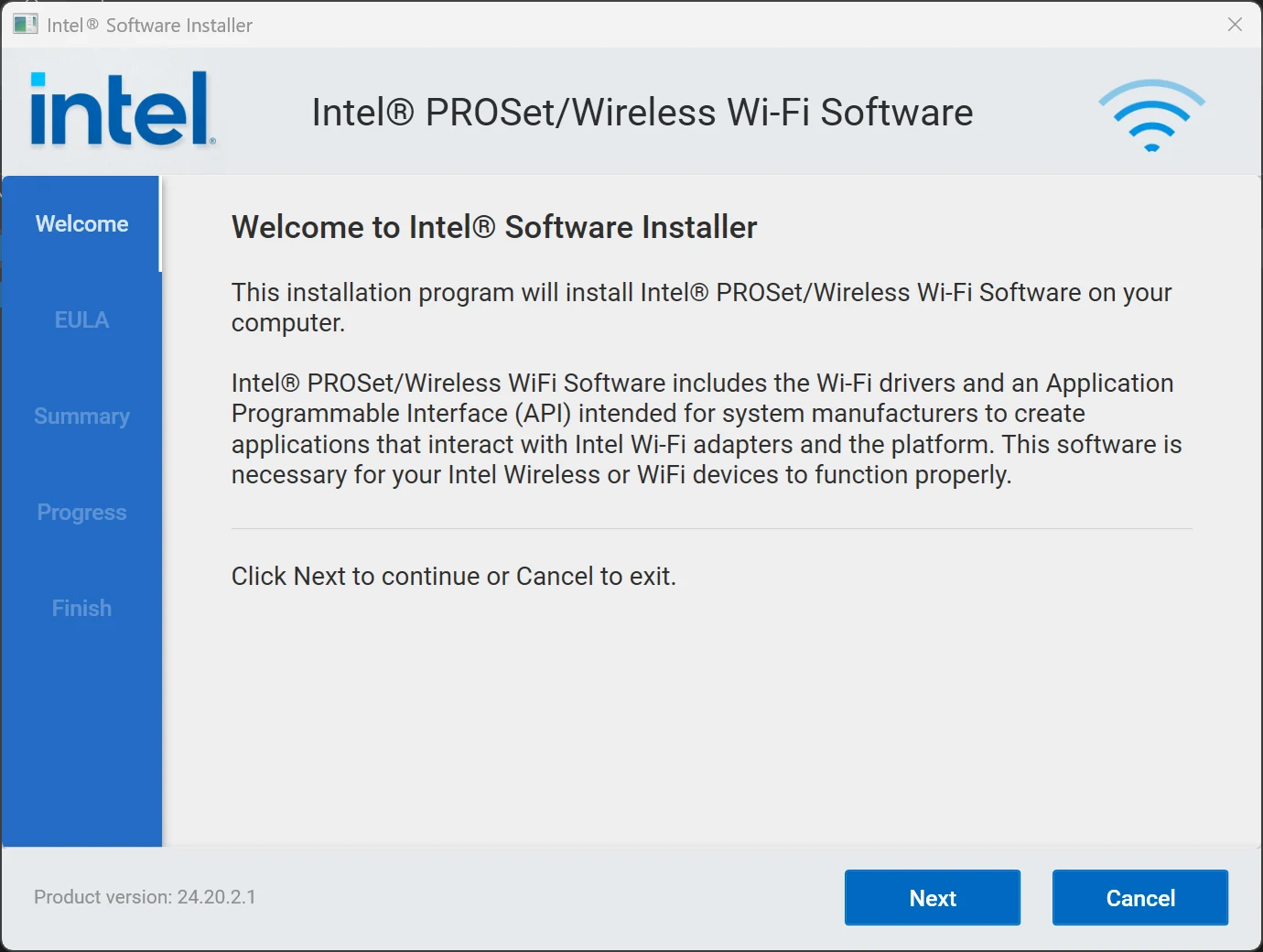 Intel Software Installer for the AX200 package, product version 24.20.2.1, now opening on its Welcome screen.