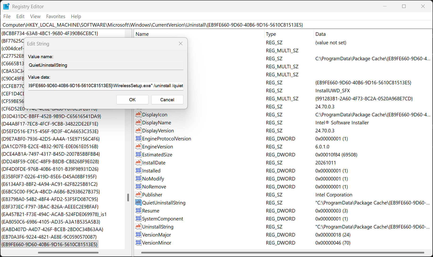 Registry Editor's Edit String box for QuietUninstallString, with the value ending in WirelessSetup.exe /uninstall /quiet.