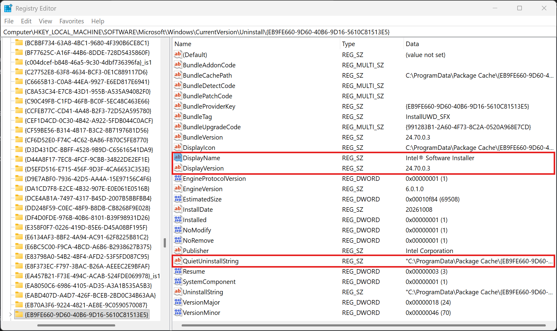 Registry Editor showing the main package's Uninstall entry, with DisplayName Intel Software Installer, DisplayVersion 24.70.0.3 and QuietUninstallString highlighted.